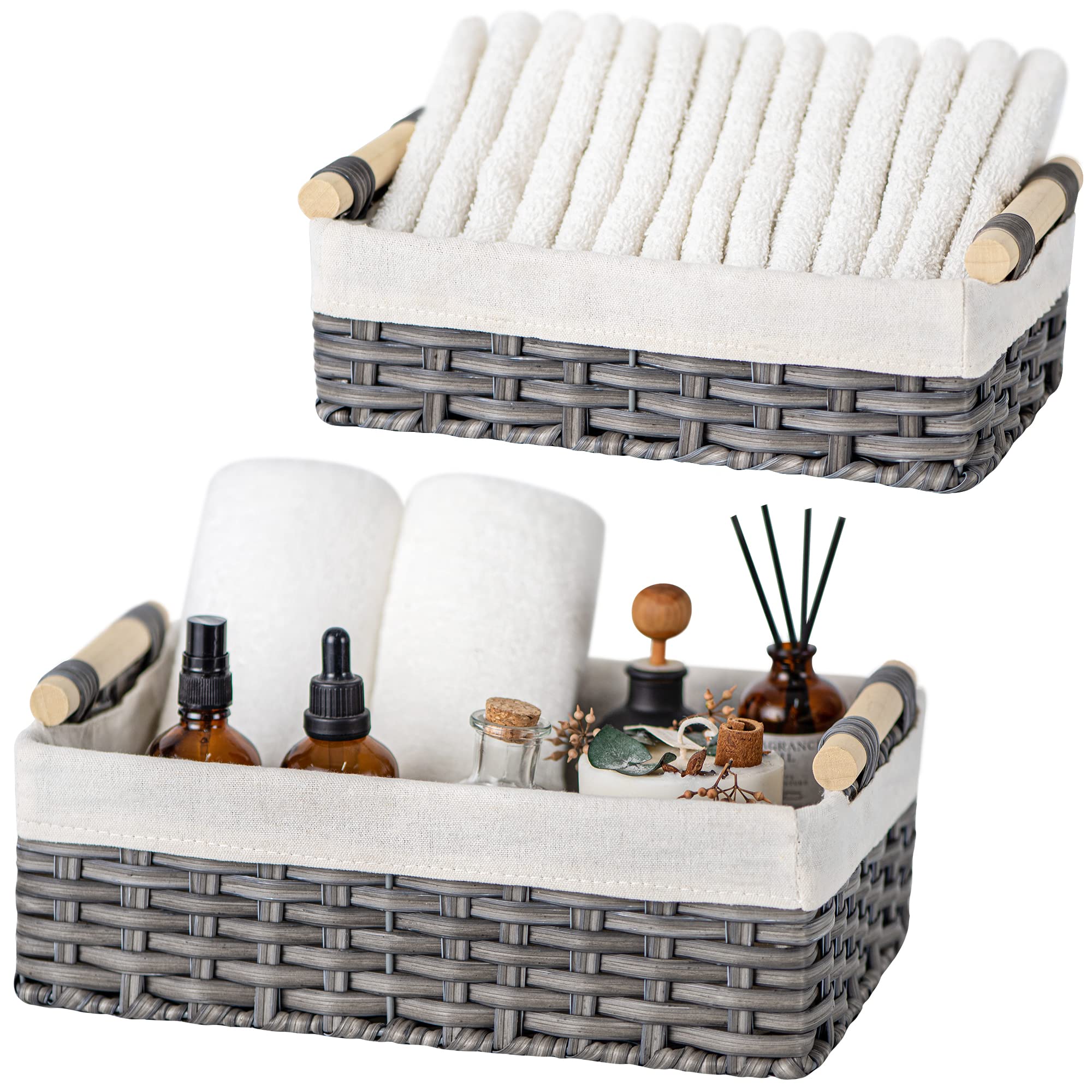 GRANNY SAYS Gray Wicker Baskets, Decorative Baskets for Shelves, Basket Organizer with Handles, Small Wicker Baskets for Organizing, Toilet Paper Baskets for Organizing, Set of 2