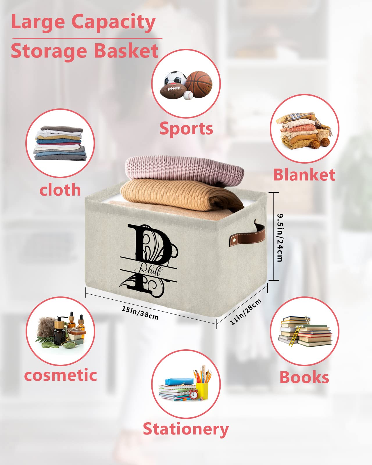 Personalized Gift for Women/Men, Customs Basket with Name Storage Bins for Organizing Shelves, Letter P Collapsible Custom Storage Boxes with Handle, Monogram Words Customized Closet Organizers