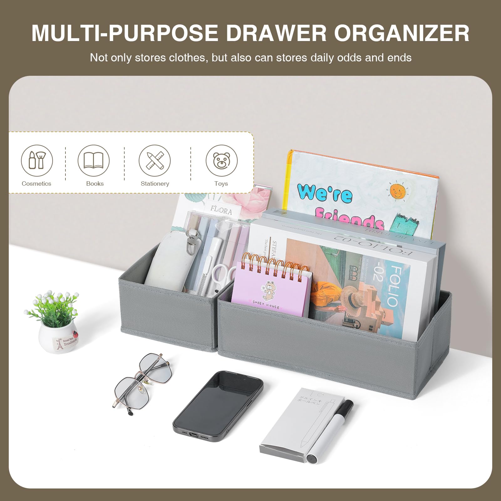 DIMJ Drawer Organizer Clothes, Underwear Drawer Organizer, Set of 4 Foldable Closet Fabric Drawer Dividers for Baby Socks, Belt, Tie (Light Grey)