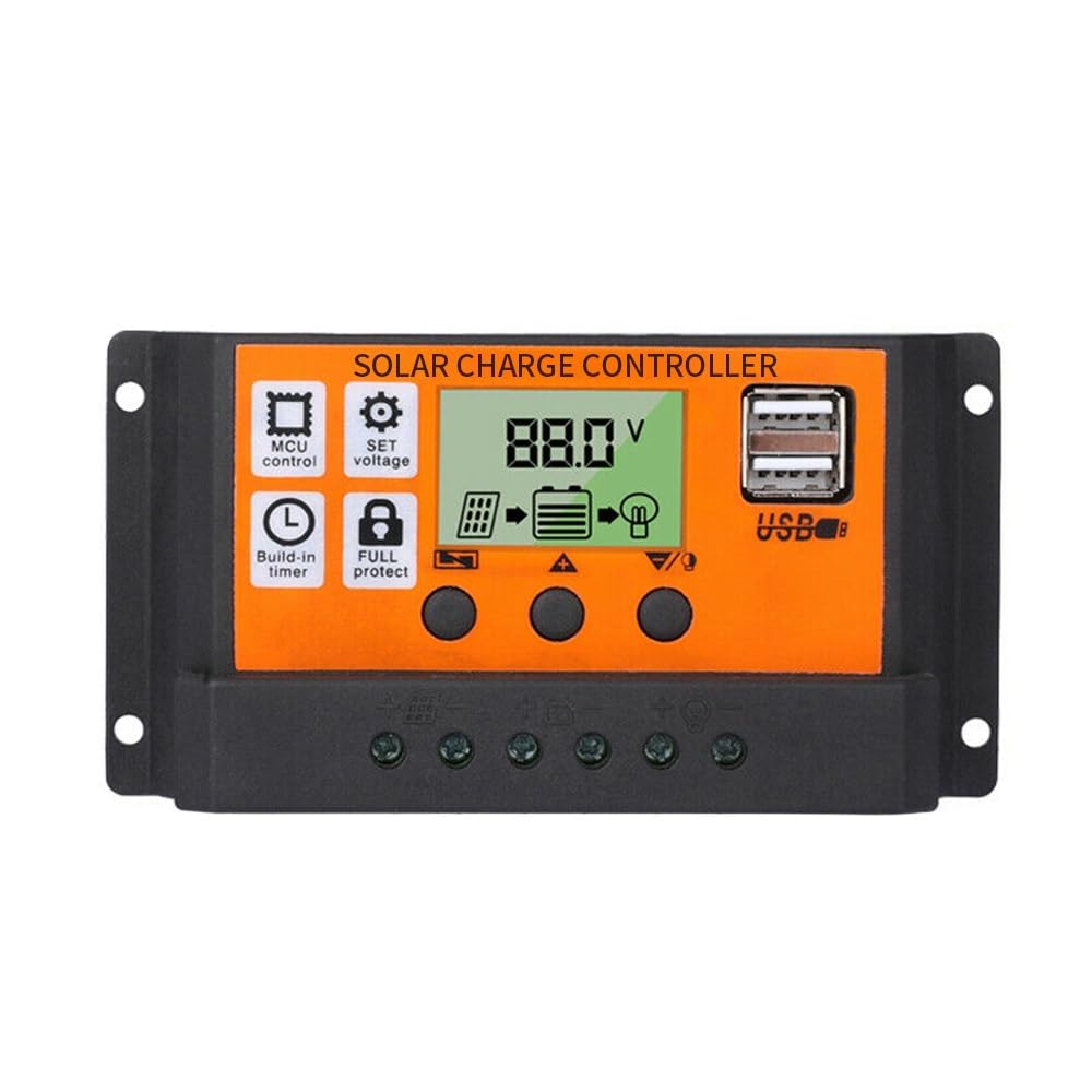 100A Solar Charge Controller, Solar Panel Battery Intelligent Regulator with Dual USB Port 12V/24V, Multi-Function Adjustable LCD Display Street Light Controller (Orange)