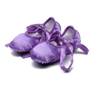 MSMAX Women's Ballet Dance Shoes Split Sole Satin Gymnastic Flats with Ribbon Purple 8 M US Women