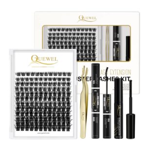 quewel diy eyelash extensions kit, lash clusters 144 pcs, applicator tool, super hold cluster lashes bond and seal, glue remover easy to apply at home(honey01-kit)