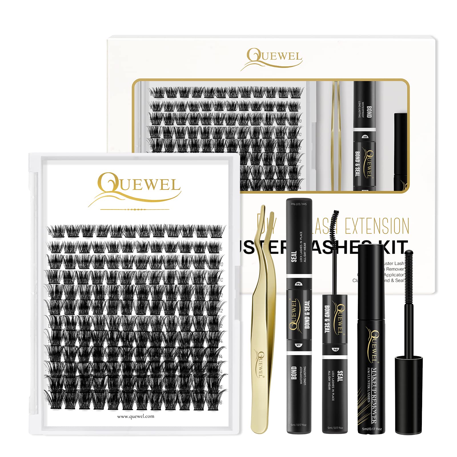 QUEWEL DIY Eyelash Extensions Kit, Lash Clusters 144 Pcs, Applicator Tool, Super Hold Cluster Lashes Bond and Seal, Glue Remover Easy to Apply at Home(Honey01-Kit)