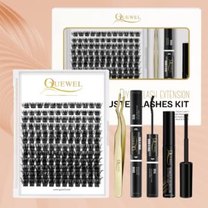 QUEWEL DIY Eyelash Extensions Kit, Lash Clusters 144 Pcs, Applicator Tool, Super Hold Cluster Lashes Bond and Seal, Glue Remover Easy to Apply at Home(Honey01-Kit)