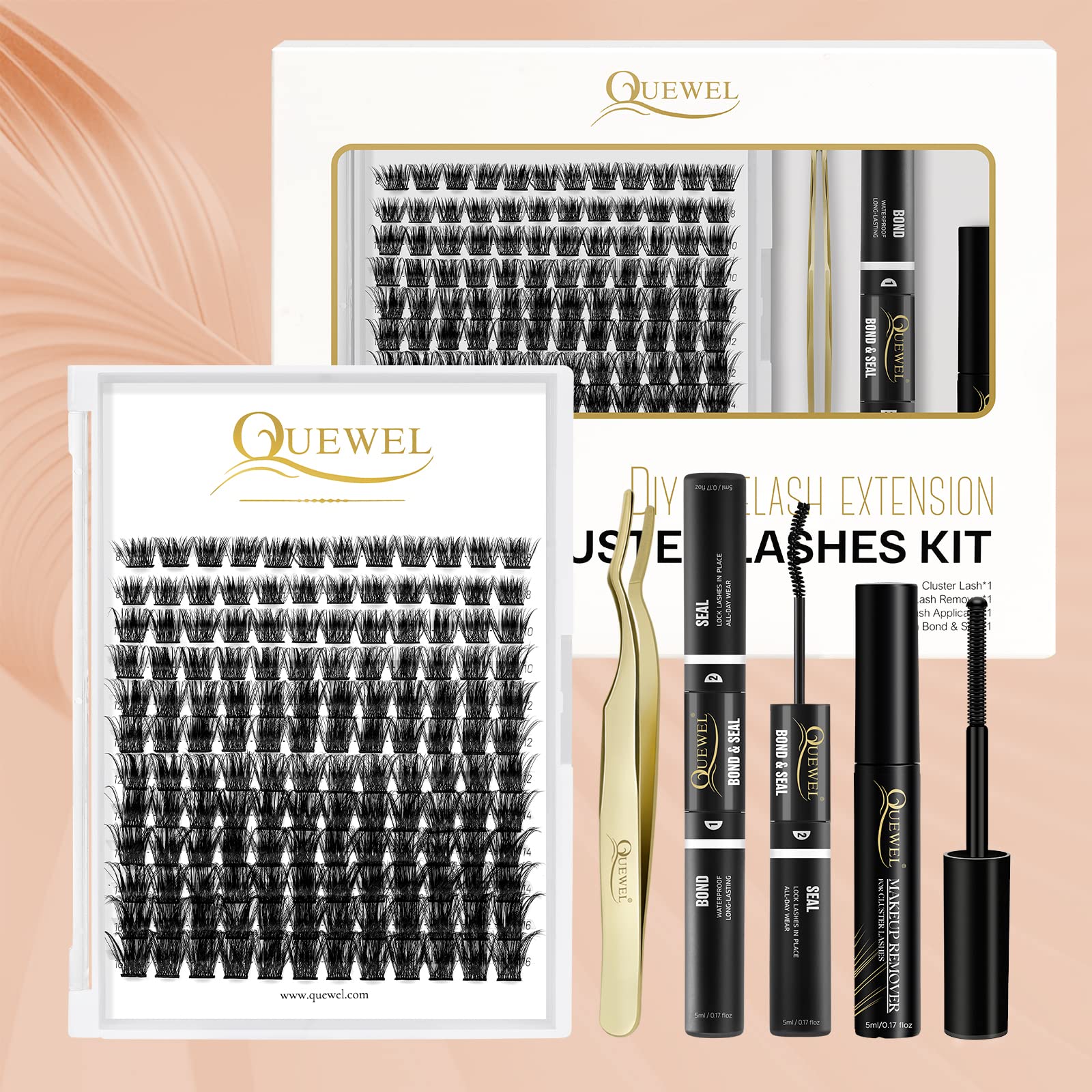 QUEWEL DIY Eyelash Extensions Kit, Lash Clusters 144 Pcs, Applicator Tool, Super Hold Cluster Lashes Bond and Seal, Glue Remover Easy to Apply at Home(Honey01-Kit)