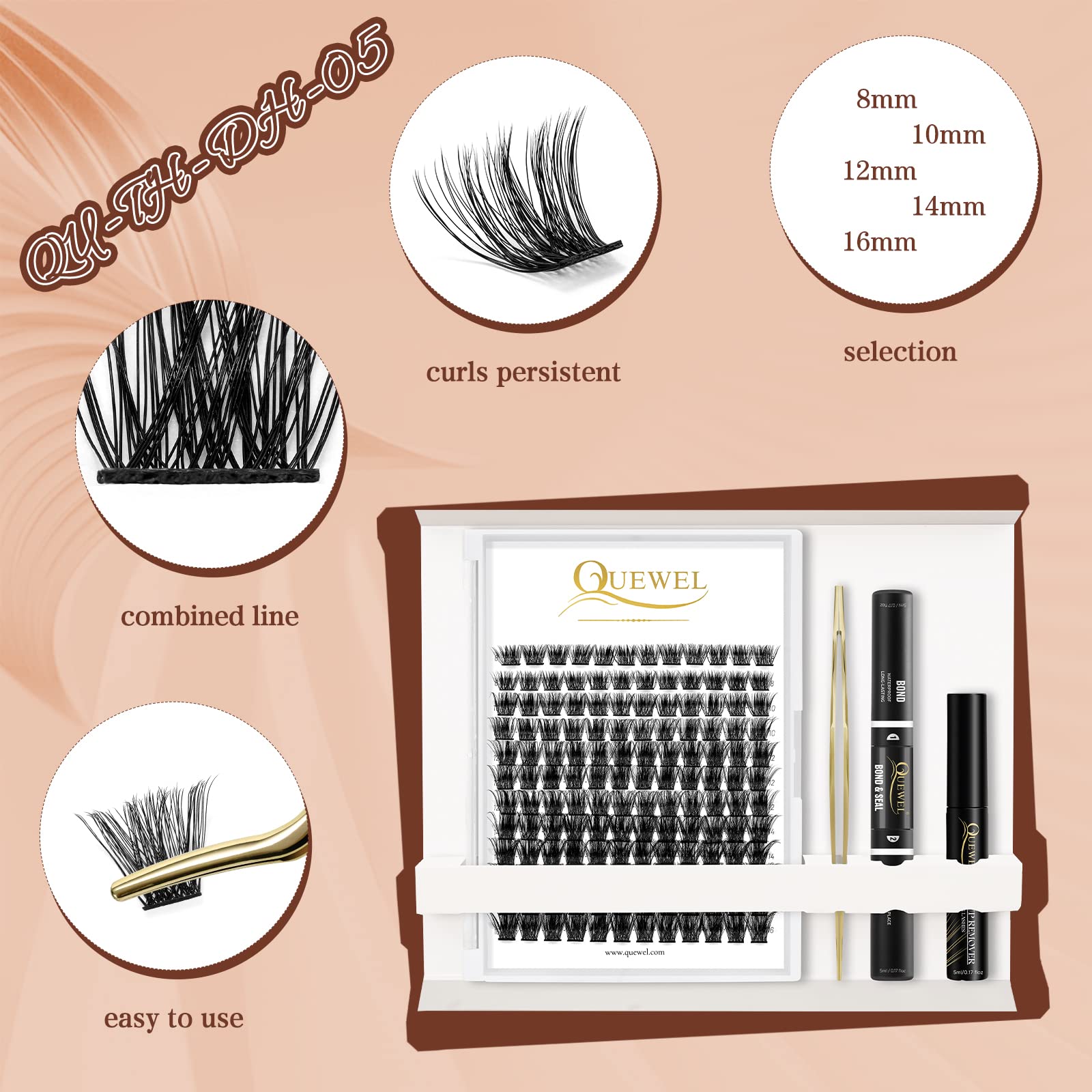 QUEWEL DIY Eyelash Extensions Kit, Lash Clusters 144 Pcs, Applicator Tool, Super Hold Cluster Lashes Bond and Seal, Glue Remover Easy to Apply at Home(Honey01-Kit)