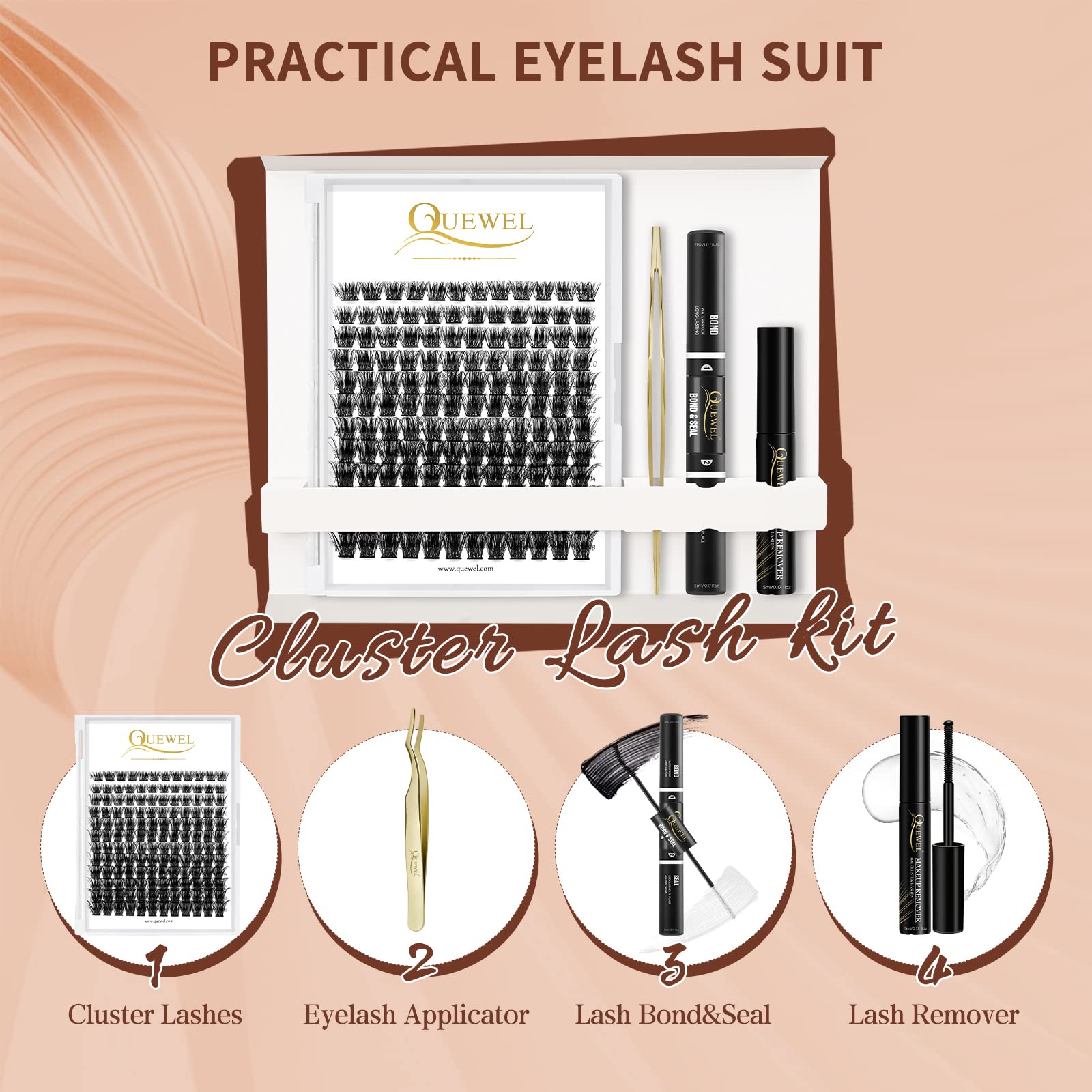 QUEWEL DIY Eyelash Extensions Kit, Lash Clusters 144 Pcs, Applicator Tool, Super Hold Cluster Lashes Bond and Seal, Glue Remover Easy to Apply at Home(Honey01-Kit)