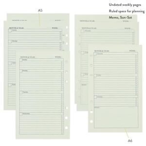 90+54+14 A5 Refill Paper with Undated Monthly Weekly Calendar Planner Inserts, A5 6 Ring Loose Leaf Paper Filler Paper Refillable Lined Paper Refill for 6 Ring Binder Planner Journal Agenda Notebook