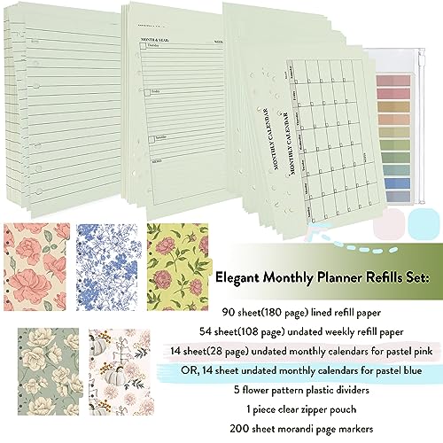 90+54+14 A5 Refill Paper with Undated Monthly Weekly Calendar Planner Inserts, A5 6 Ring Loose Leaf Paper Filler Paper Refillable Lined Paper Refill for 6 Ring Binder Planner Journal Agenda Notebook