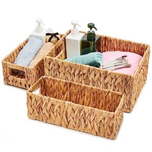 ezoware natural water hyacinth baskets, set of 3 woven wicker rectangular storage organizer bin boxes with handles for closet toys clothes kids room nursery - 2 sizes