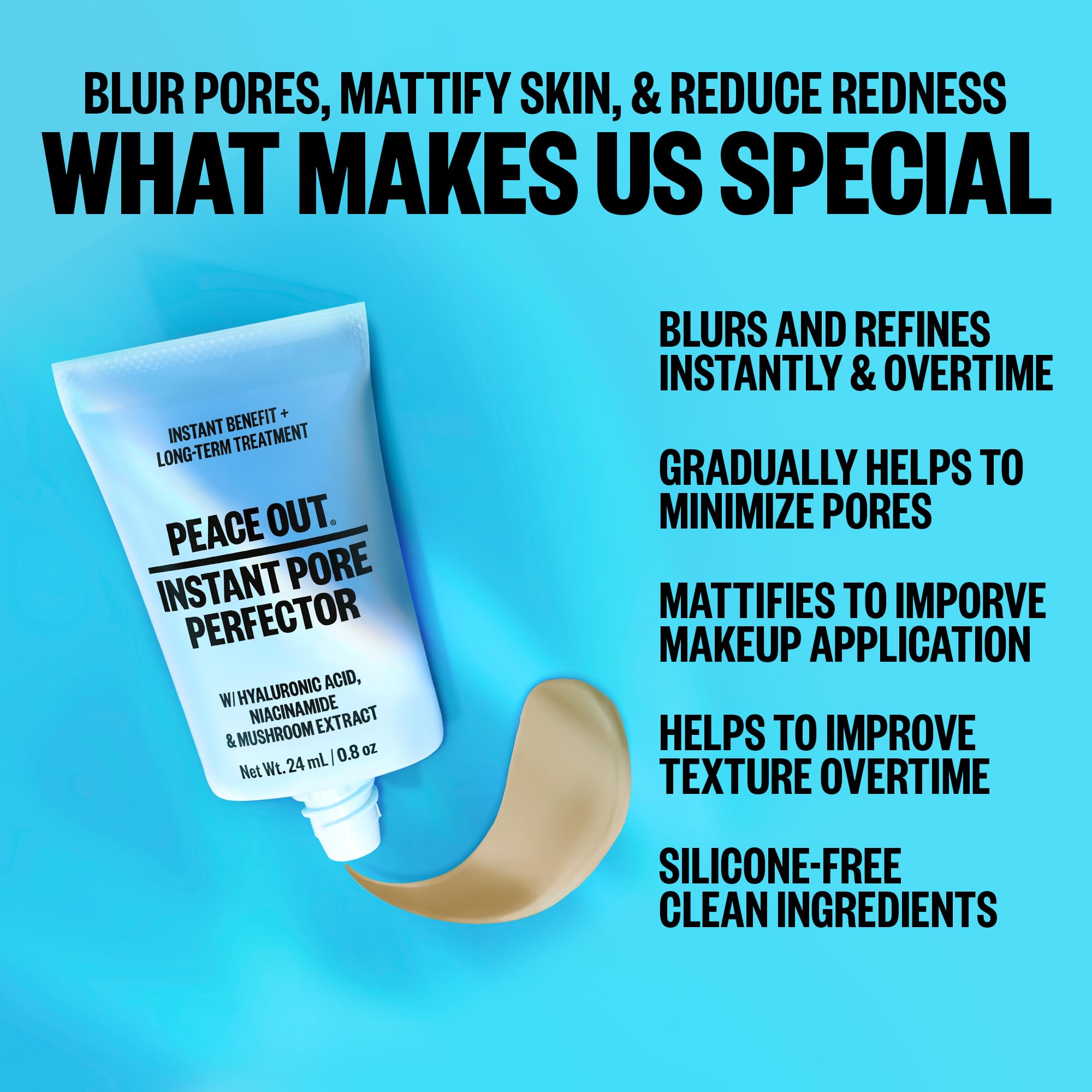 Peace Out Skincare Instant Pore Perfector, Skin Primer to Blur Pores, Reduce Redness and Extend Makeup Wear, Instant Filter Finish, Hyaluronic Acid and Niacinamide, Silicone-Free, 0.8 Oz