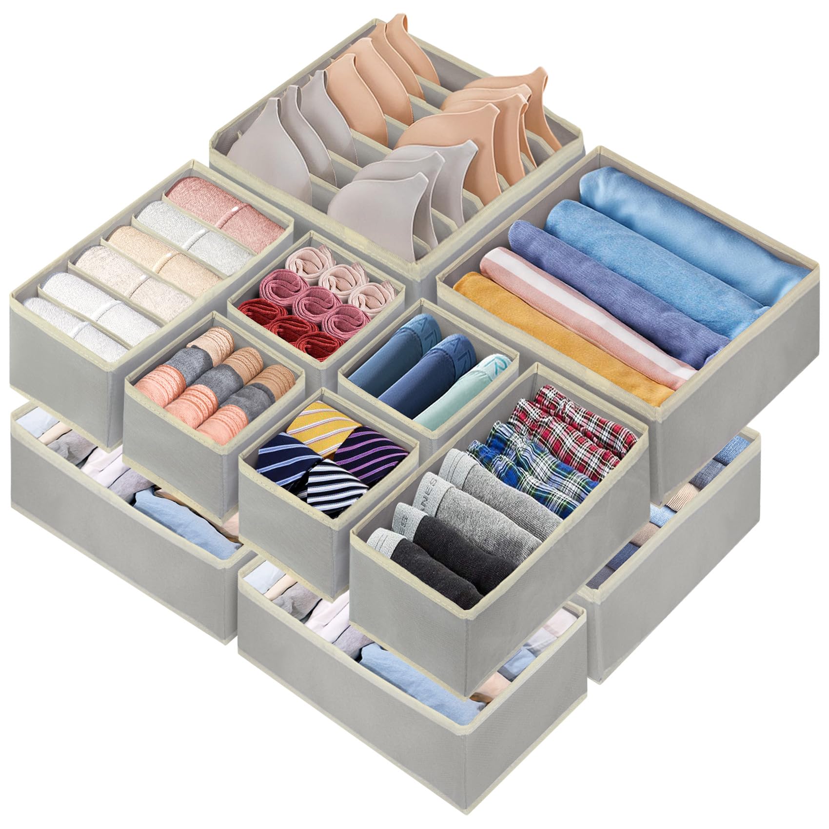 12PCS Drawer Organizers for Clothing, 53 Cell Bra Sock Underwear Drawer Organizer Fabric Foldable Dresser Drawer Divider Closet Organizers and Storage Boxes for Baby Clothes Bras Socks Lingerie (Grey)