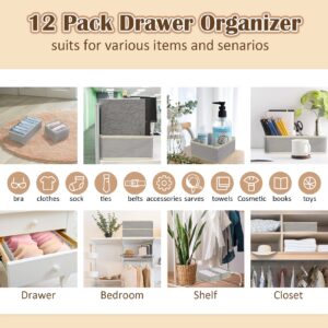 12PCS Drawer Organizers for Clothing, 53 Cell Bra Sock Underwear Drawer Organizer Fabric Foldable Dresser Drawer Divider Closet Organizers and Storage Boxes for Baby Clothes Bras Socks Lingerie (Grey)