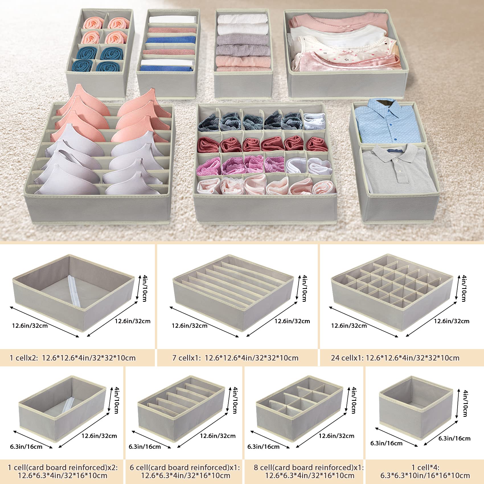 12PCS Drawer Organizers for Clothing, 53 Cell Bra Sock Underwear Drawer Organizer Fabric Foldable Dresser Drawer Divider Closet Organizers and Storage Boxes for Baby Clothes Bras Socks Lingerie (Grey)