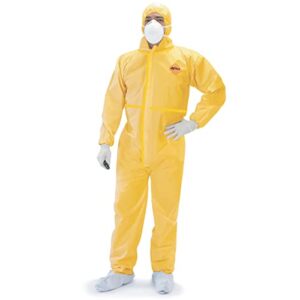 tiger tough chemical protection coveralls for men - hazmat suits with hood & zipper – durable yellow chemical suit for industrial use, large
