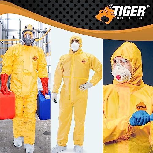 Tiger Tough Chemical Protection Coveralls for Men - Hazmat Suits with Hood & Zipper – Durable Yellow Chemical Suit for Industrial Use, Large