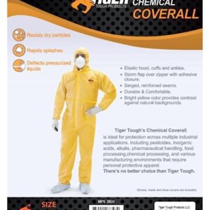 Tiger Tough Chemical Protection Coveralls for Men - Hazmat Suits with Hood & Zipper – Durable Yellow Chemical Suit for Industrial Use, Large