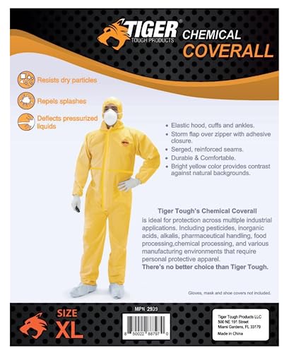 Tiger Tough Chemical Protection Coveralls for Men - Hazmat Suits with Hood & Zipper – Durable Yellow Chemical Suit for Industrial Use, Large