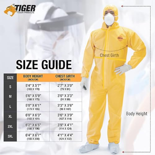 Tiger Tough Chemical Protection Coveralls for Men - Hazmat Suits with Hood & Zipper – Durable Yellow Chemical Suit for Industrial Use, Large