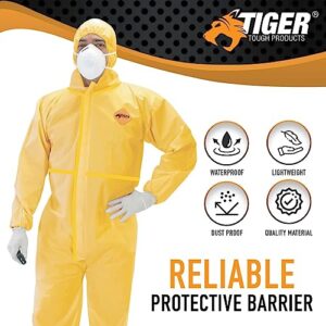 Tiger Tough Chemical Protection Coveralls for Men - Hazmat Suits with Hood & Zipper – Durable Yellow Chemical Suit for Industrial Use, Large