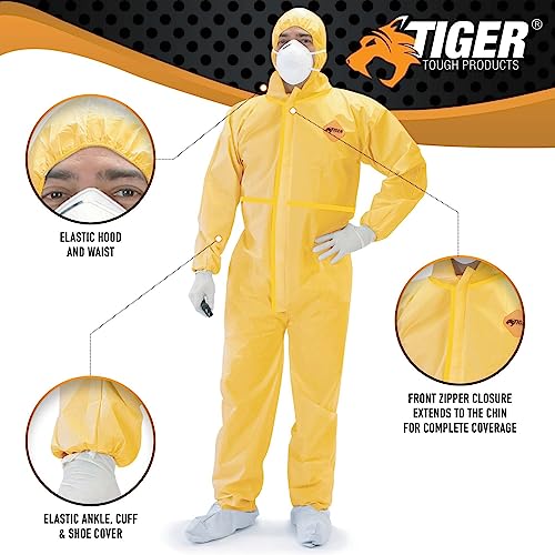 Tiger Tough Chemical Protection Coveralls for Men - Hazmat Suits with Hood & Zipper – Durable Yellow Chemical Suit for Industrial Use, Large