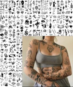 impressed 48 sheets custom unisex vintage patchwork temporary tattoos - small semi permanent minimalist black fake tattoo for women and men - micro tiny adult hand, sleeve, finger tat for teens