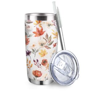 zzkol fall maple leaves flower tumbler with lid and straw, autumn rose floral stainless steel travel coffee cup, 20oz farmhouse double wall vacuum insulated mug thanksgiving gifts