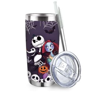 zzkol halloween jack sally tumbler with lid and straw, night. m are be. fore xmas spooky pumpkin stainless steel travel coffee cup, 20oz fall autumn double wall vacuum insulated mug halloween gifts