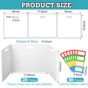 20 Pcs Classroom Privacy Boards for Student Easy Carry Plastic Desks Folders Shields Test Dividers with 40 Colorful Name Labels for School Study Reduces Distractions 15 x 17.3 x 15 Inch, White