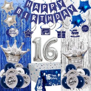 16th birthday decorations for boys/girls - sweet 16 birthday decorations blue and silver including happy 16th birthday banner balloons tablecloth- 16 years old birthday party supplies