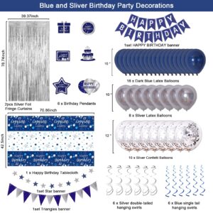 Blue Birthday Decorations for Men, Birthday Party Decorations for Men Women Boys Grils with Bunting Banner, Fringe Curtains, Hanging Swirl, Tablecloth happy birthday decorations Party Decor Suit