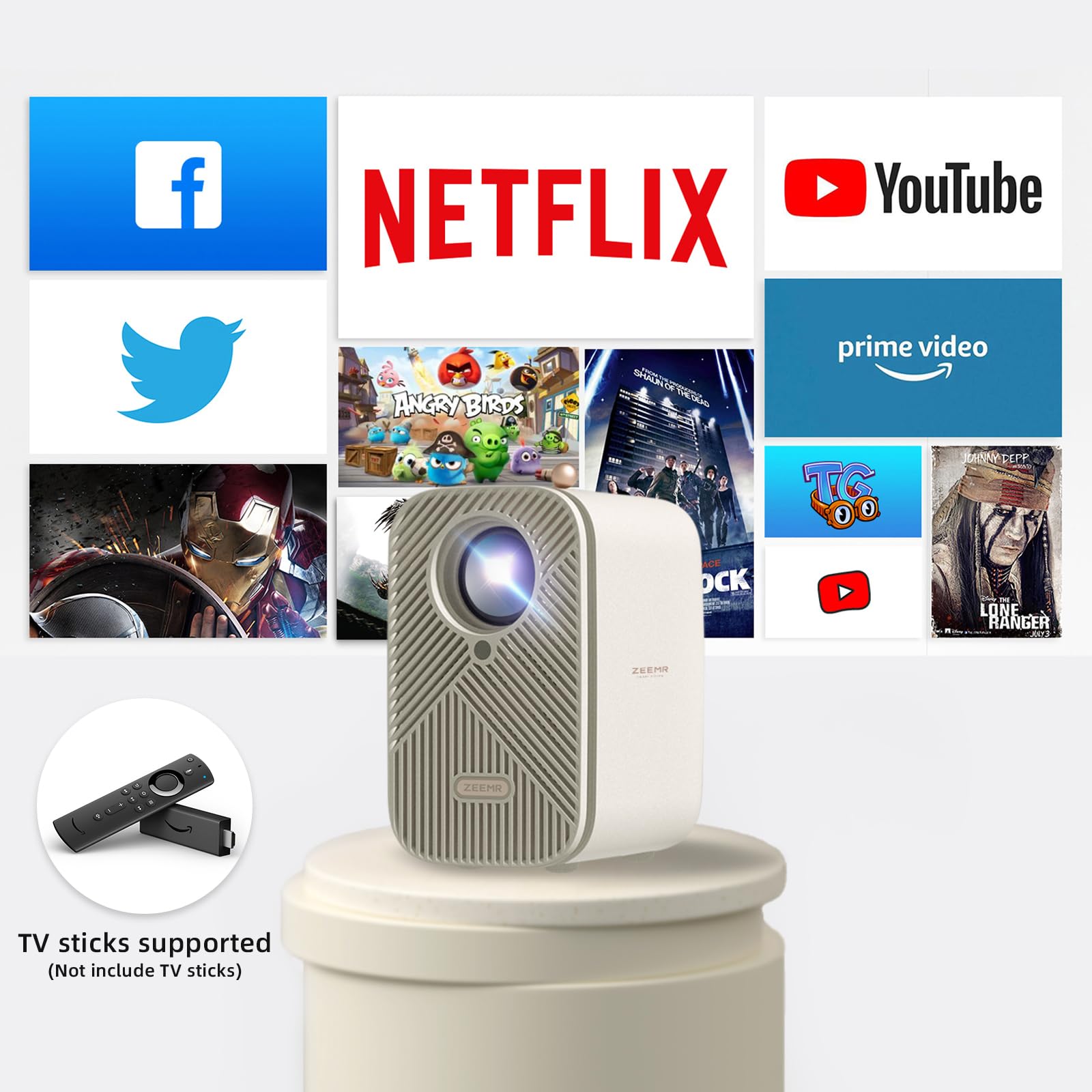 ZEEMR Mini Projector, Portable Projector with WiFi and Bluetooth, Support 1080P and 4K, HDR10, Fully Sealed Dust-Proof, Outdoor or Home Theater Projector, Compatible with All TV Stick(White)