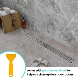 Qeke Disposable Hair Catcher Shower Drain Mesh Stickers, DIY Shower Drain Cover Hair Catcher for Any Length, 32.8 Foot Hair Stopper for Linear Shower Drain with Removal Tool, 2.75 Inch Width