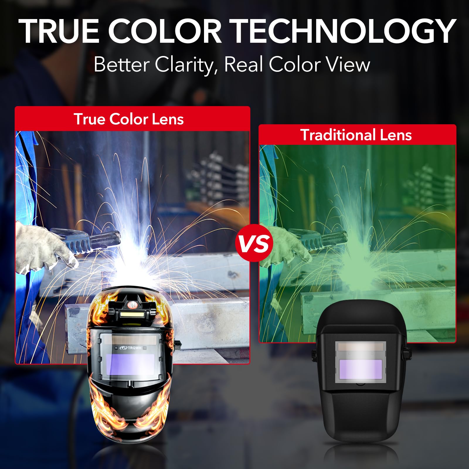 TRQWH Welding Hood Auto Darkening Welding Helmet with Light True Color 1/1/1/2 Top Optical Clarity Wide Shade 9-13 Welding Mask with Grinding Weld Helmet (KTS-HD104)