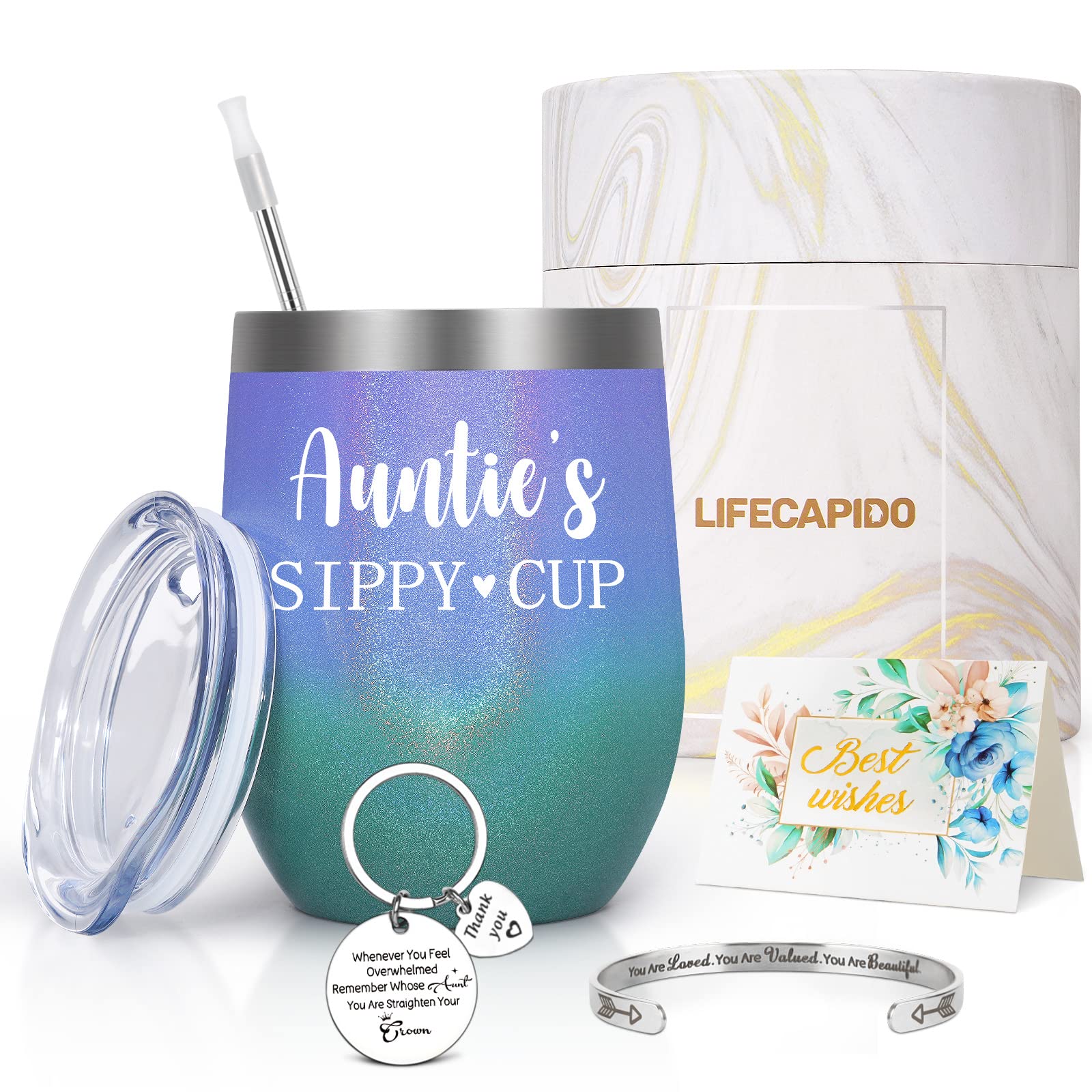 Lifecapido Aunt Gift, Auntie's Sippy Cup 12oz Wine Tumbler with Lid, Auntie Gifts Set from Niece Nephew, Mother's Day Gift Birthday Gift Christmas Gift for Women Aunt Auntie, Gradient