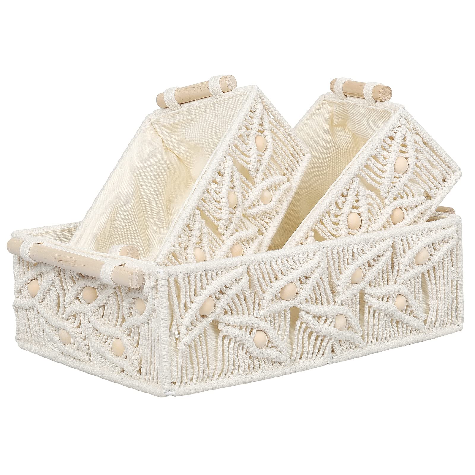 ANMINY Macrame Storage Baskets Set 3PCS Handmade Cotton Woven Decorative Boho Desk Storage Bins Boxes with Wood Handles Wooden Beads Towel Paper Clothes Large Shelf Laundry Organizer Container