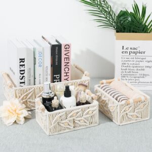 ANMINY Macrame Storage Baskets Set 3PCS Handmade Cotton Woven Decorative Boho Desk Storage Bins Boxes with Wood Handles Wooden Beads Towel Paper Clothes Large Shelf Laundry Organizer Container