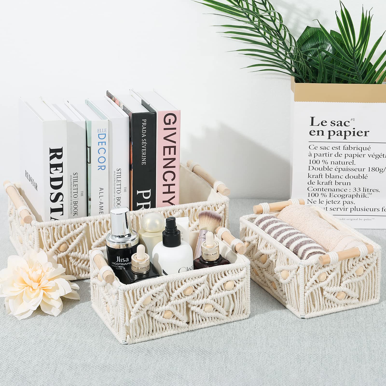 ANMINY Macrame Storage Baskets Set 3PCS Handmade Cotton Woven Decorative Boho Desk Storage Bins Boxes with Wood Handles Wooden Beads Towel Paper Clothes Large Shelf Laundry Organizer Container