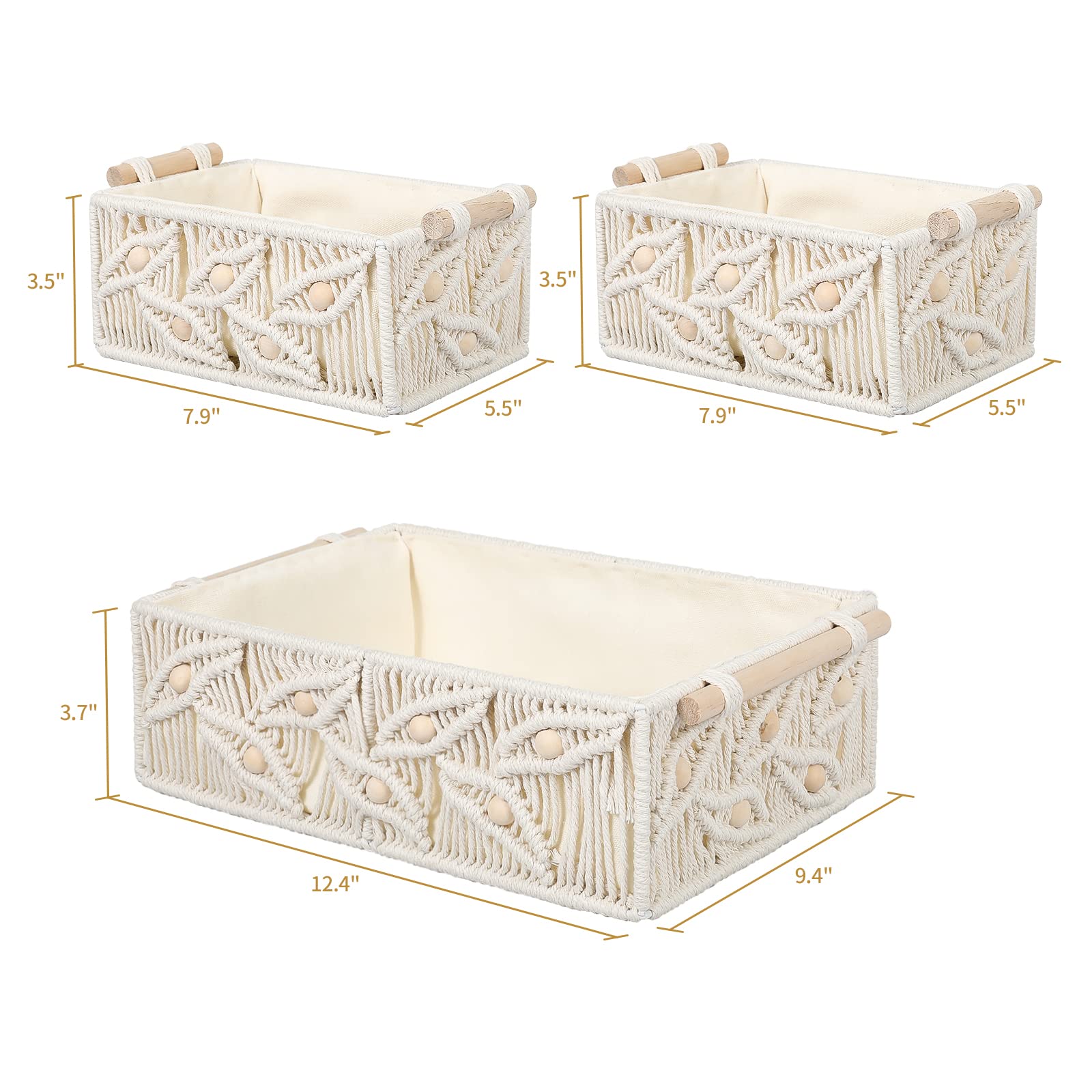 ANMINY Macrame Storage Baskets Set 3PCS Handmade Cotton Woven Decorative Boho Desk Storage Bins Boxes with Wood Handles Wooden Beads Towel Paper Clothes Large Shelf Laundry Organizer Container