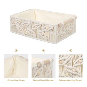 ANMINY Macrame Storage Baskets Set 3PCS Handmade Cotton Woven Decorative Boho Desk Storage Bins Boxes with Wood Handles Wooden Beads Towel Paper Clothes Large Shelf Laundry Organizer Container