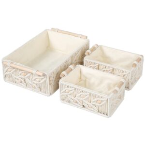 ANMINY Macrame Storage Baskets Set 3PCS Handmade Cotton Woven Decorative Boho Desk Storage Bins Boxes with Wood Handles Wooden Beads Towel Paper Clothes Large Shelf Laundry Organizer Container