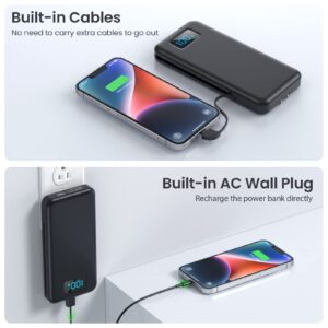 Portable Charger with Built-in Cables & AC Wall Plug,Ultra Slim 13800mAh USB-C Power Bank, 4 Output LCD Display External Battery Pack Phone Charger Compatible with iPhone 15/14/13 Samsung Android etc