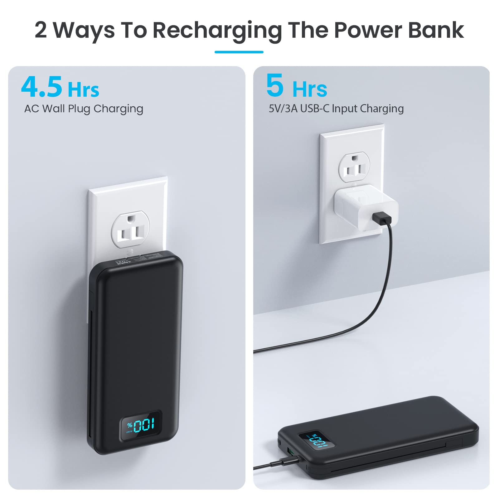 Portable Charger with Built-in Cables & AC Wall Plug,Ultra Slim 13800mAh USB-C Power Bank, 4 Output LCD Display External Battery Pack Phone Charger Compatible with iPhone 15/14/13 Samsung Android etc