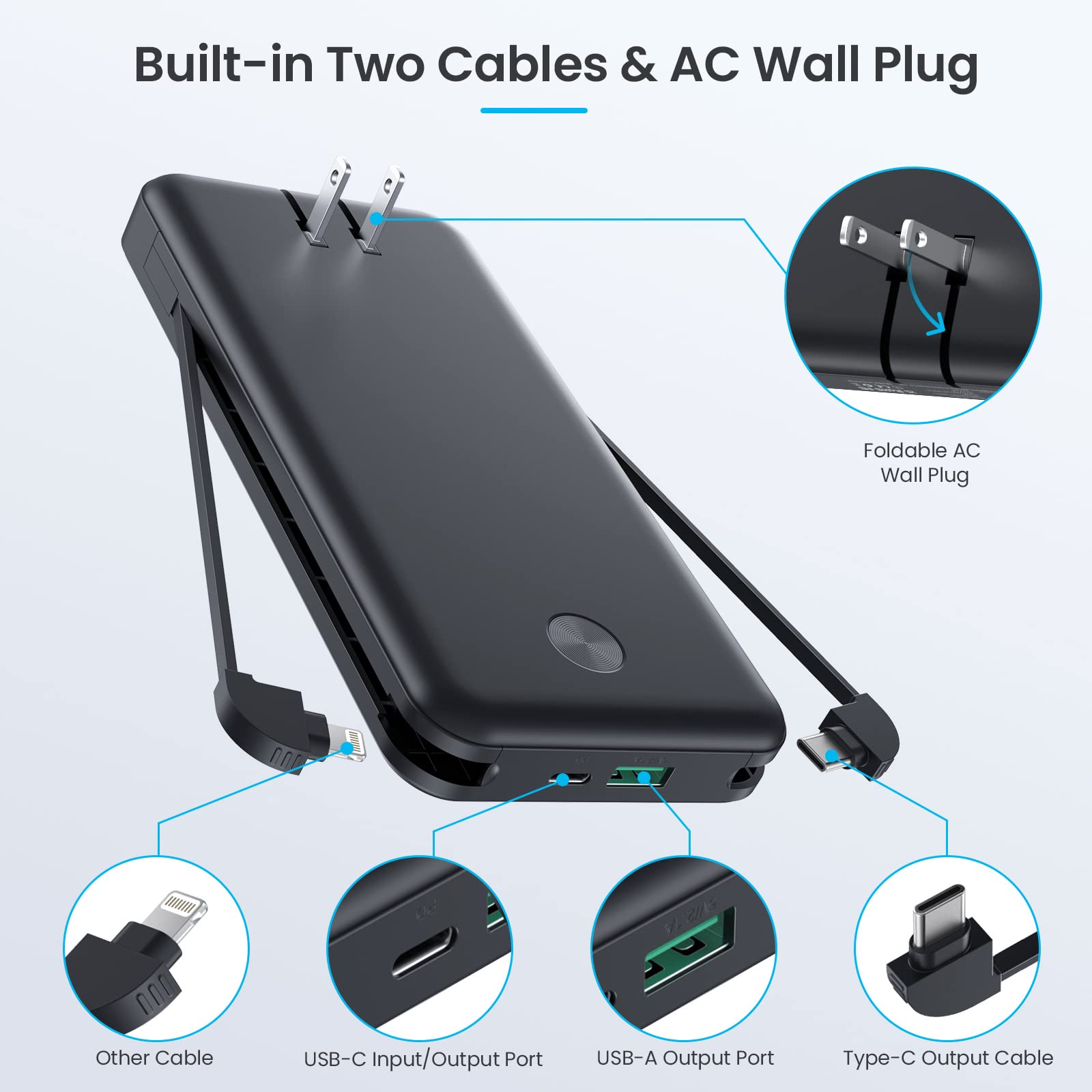 Portable Charger with Built-in Cables & AC Wall Plug,Ultra Slim 13800mAh USB-C Power Bank, 4 Output LCD Display External Battery Pack Phone Charger Compatible with iPhone 15/14/13 Samsung Android etc