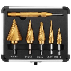 comoware hex shank hss step drill bit with two spiral flutes and impact readiness - ideal for metal, stainless steel, aluminum, wood, and plastic,total 50 sizes with aluminum case