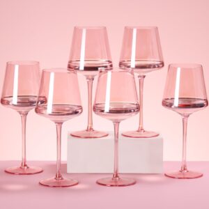 physkoa pink wine glasses set of 6-16 oz, pink goblets, unfading color, hand-blown, colored wine glasses - pink birthday decorations, wine gifts for women-easter decorations, easter gifts for women