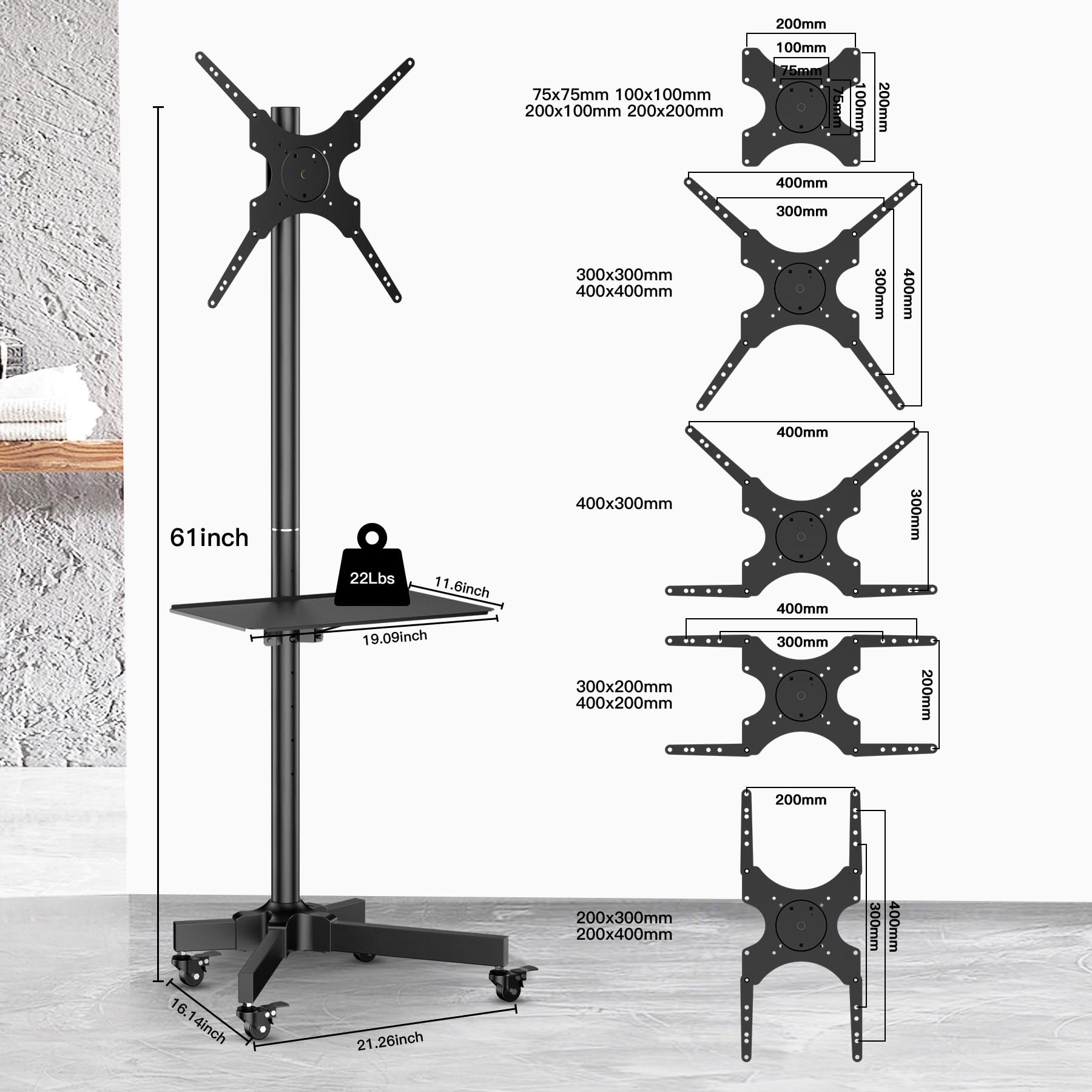 PPQ Mobile TV Cart for 23-55 Inch LCD LED Flat/Curved TVs, Tilting and Rotating Mount, Portrait to Landscape, Height Adjustable Metal Shelf Rolling TV Stand with Wheels up to 55lbs Max VESA 400x400mm