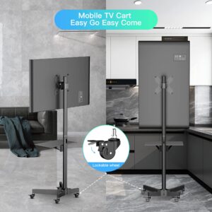 PPQ Mobile TV Cart for 23-55 Inch LCD LED Flat/Curved TVs, Tilting and Rotating Mount, Portrait to Landscape, Height Adjustable Metal Shelf Rolling TV Stand with Wheels up to 55lbs Max VESA 400x400mm