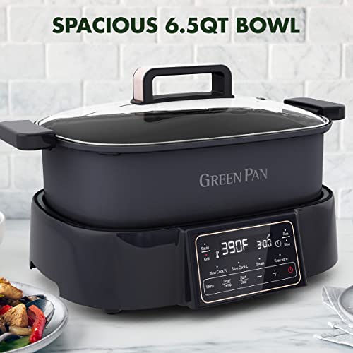 GreenPan 6.5QT Multi-Cooker Skillet Grill & Slow Cooker, 8-in-1 Presets to Saute,Steam, Grill, Stew, Stir-Fry,Heat, & Cook Rice, Healthy Ceramic Nonstick & Dishwasher Safe Parts, Matte Black