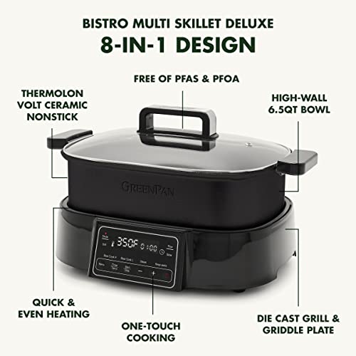 GreenPan 6.5QT Multi-Cooker Skillet Grill & Slow Cooker, 8-in-1 Presets to Saute,Steam, Grill, Stew, Stir-Fry,Heat, & Cook Rice, Healthy Ceramic Nonstick & Dishwasher Safe Parts, Matte Black